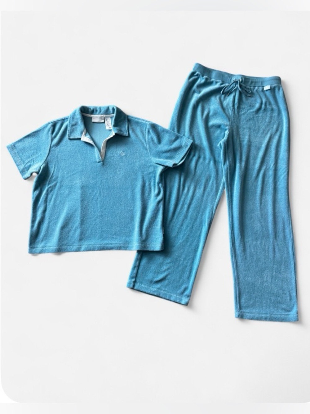 VTG terry cloth two-piece lounge set L light blue polo shirt wide leg pants Y2K